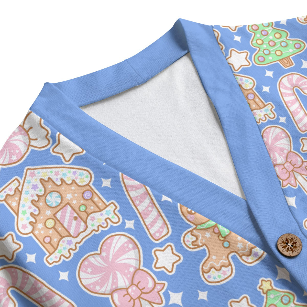 Kawaii Christmas Unisex V-Neck Knitted Fleece Button Up Cardigan With Pockets (Blueberry Candy)