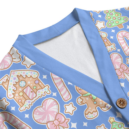 Kawaii Christmas Unisex V-Neck Knitted Fleece Button Up Cardigan With Pockets (Blueberry Candy)