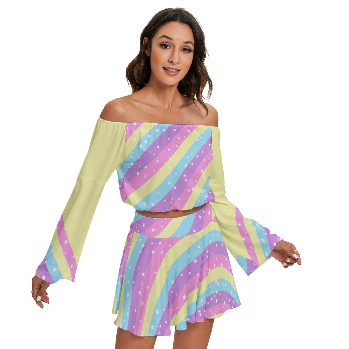Starry Party Rainbow Women's Off The Shoulder Crop Top Blouse And Mini Skirt Set (Yellow)