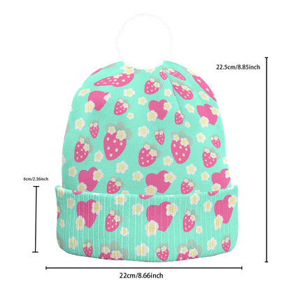 Strawberry Cutie Knitted Beanie Hat With Pom-Pom (Fruity Berry Mint)