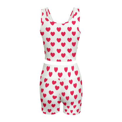 Sweet Love Hearts Women's Crop Top & Yoga Shorts Set (Red x White)