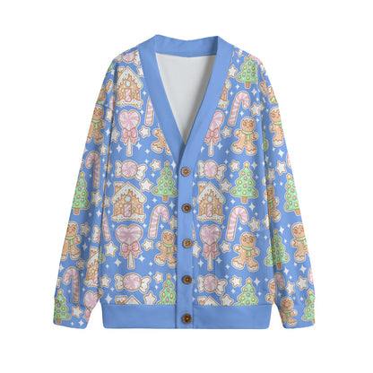 Kawaii Christmas Unisex V-Neck Knitted Fleece Button Up Cardigan With Pockets (Blueberry Candy)
