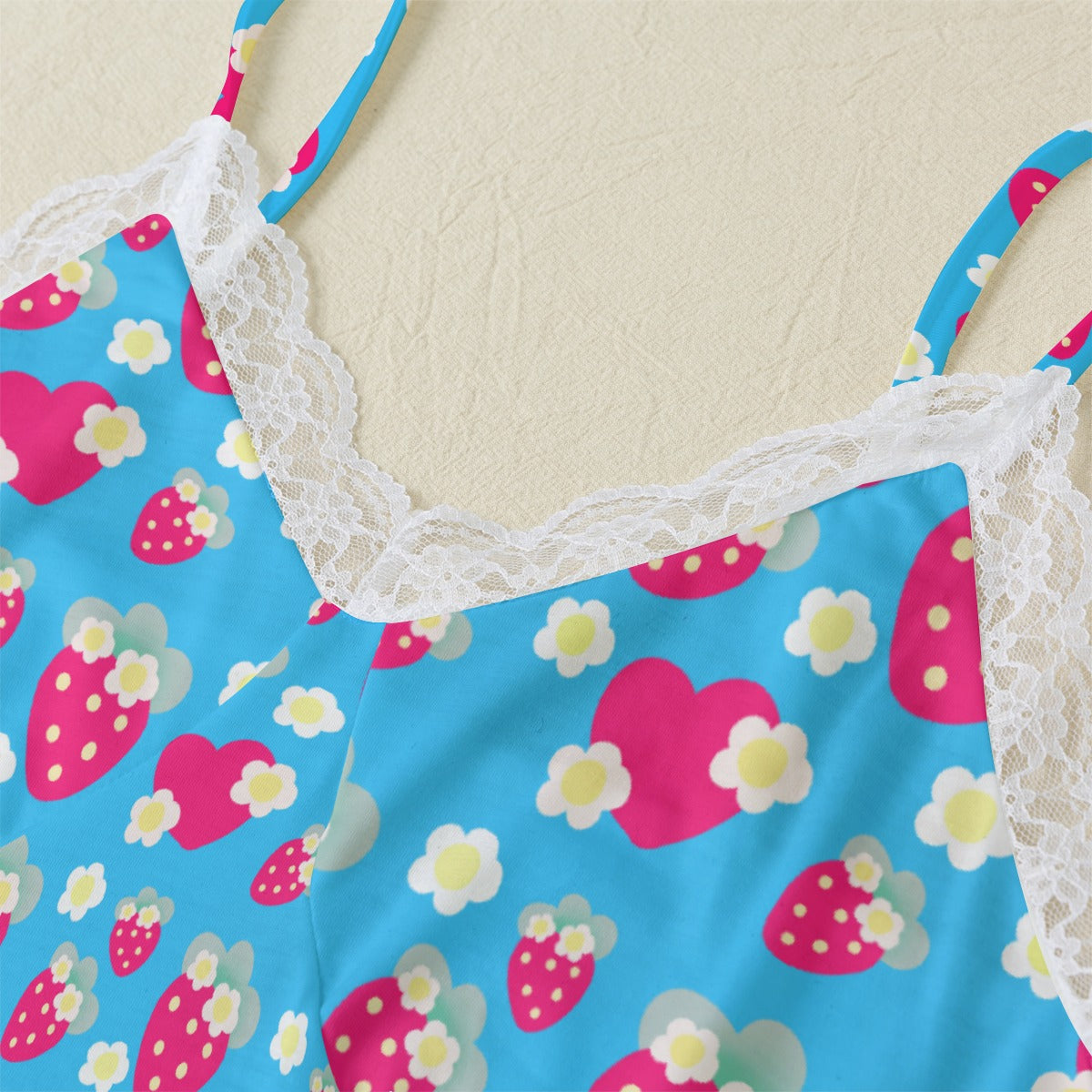 Strawberry Cutie Women's Cami & Shorts Lounge Wear Pajama Set With Lace Trim (Soda Pop Fruity Berry Blue)