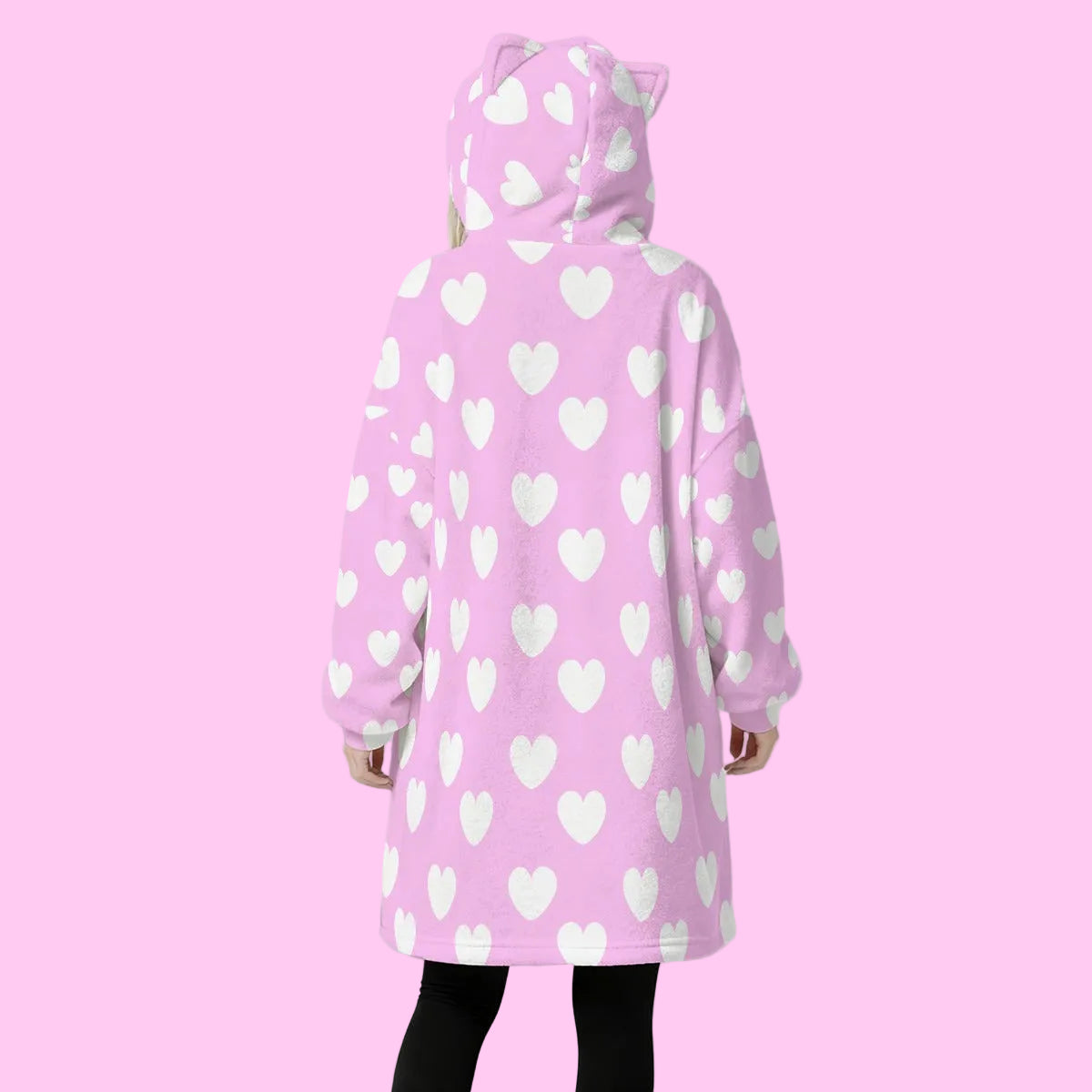 Sweet Love Hearts Cozy Oversized Fleece Blanket Hoodie With Cute Ears (White x Pink)