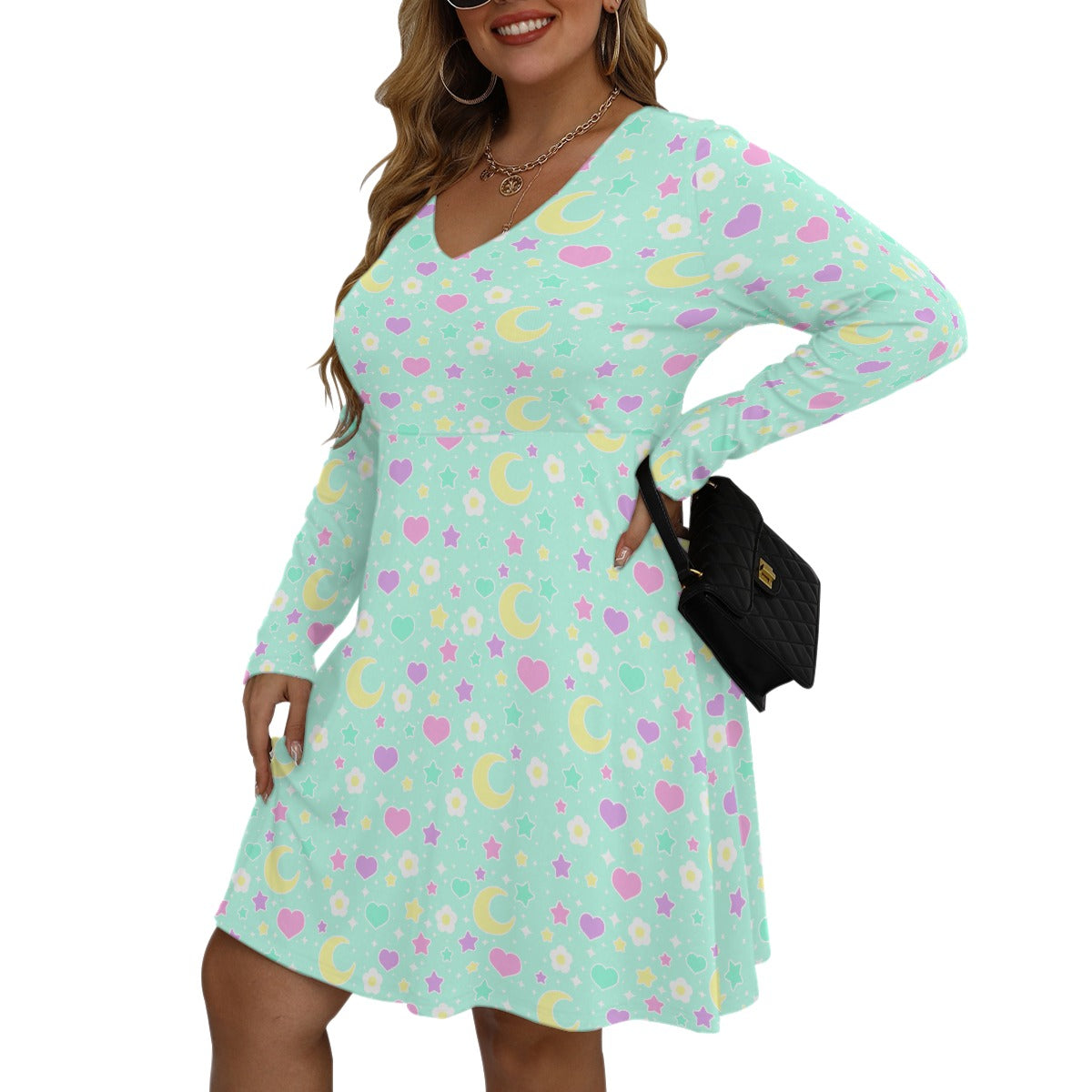 Magical Spring Mint Women's V-Neck Long Sleeve Dress (Plus Size)