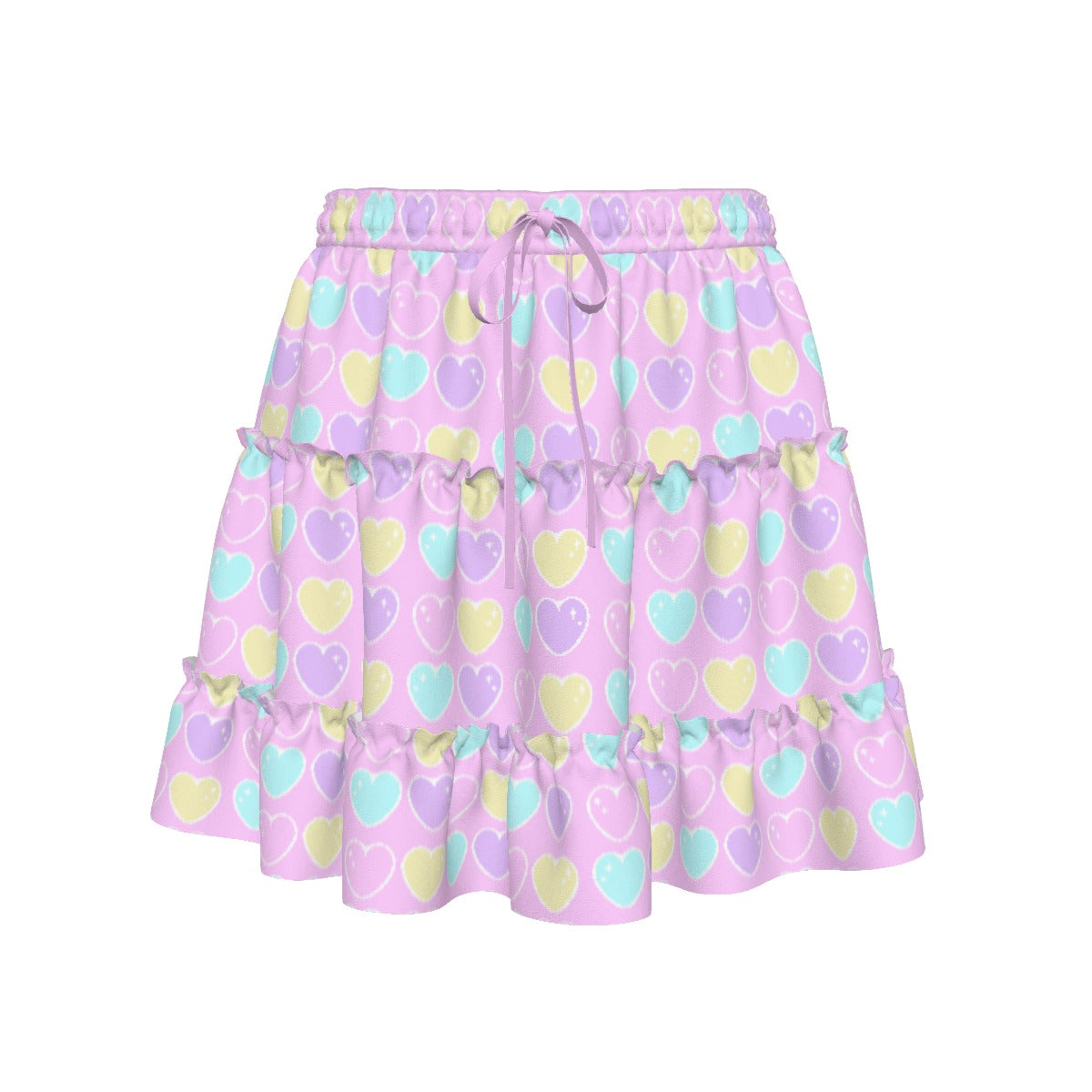 Sweet Love Hearts Pink Waist Tie Tiered Ruffle Mini Skirt