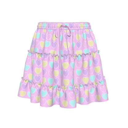 Sweet Love Hearts Pink Waist Tie Tiered Ruffle Mini Skirt
