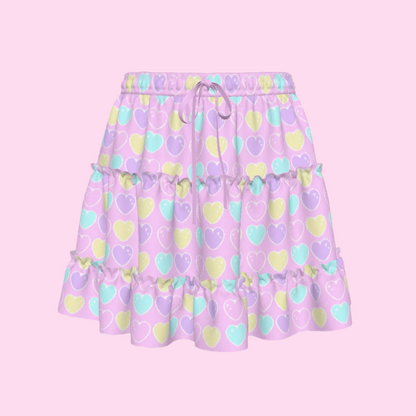 Sweet Love Hearts Pink Waist Tie Tiered Ruffle Mini Skirt