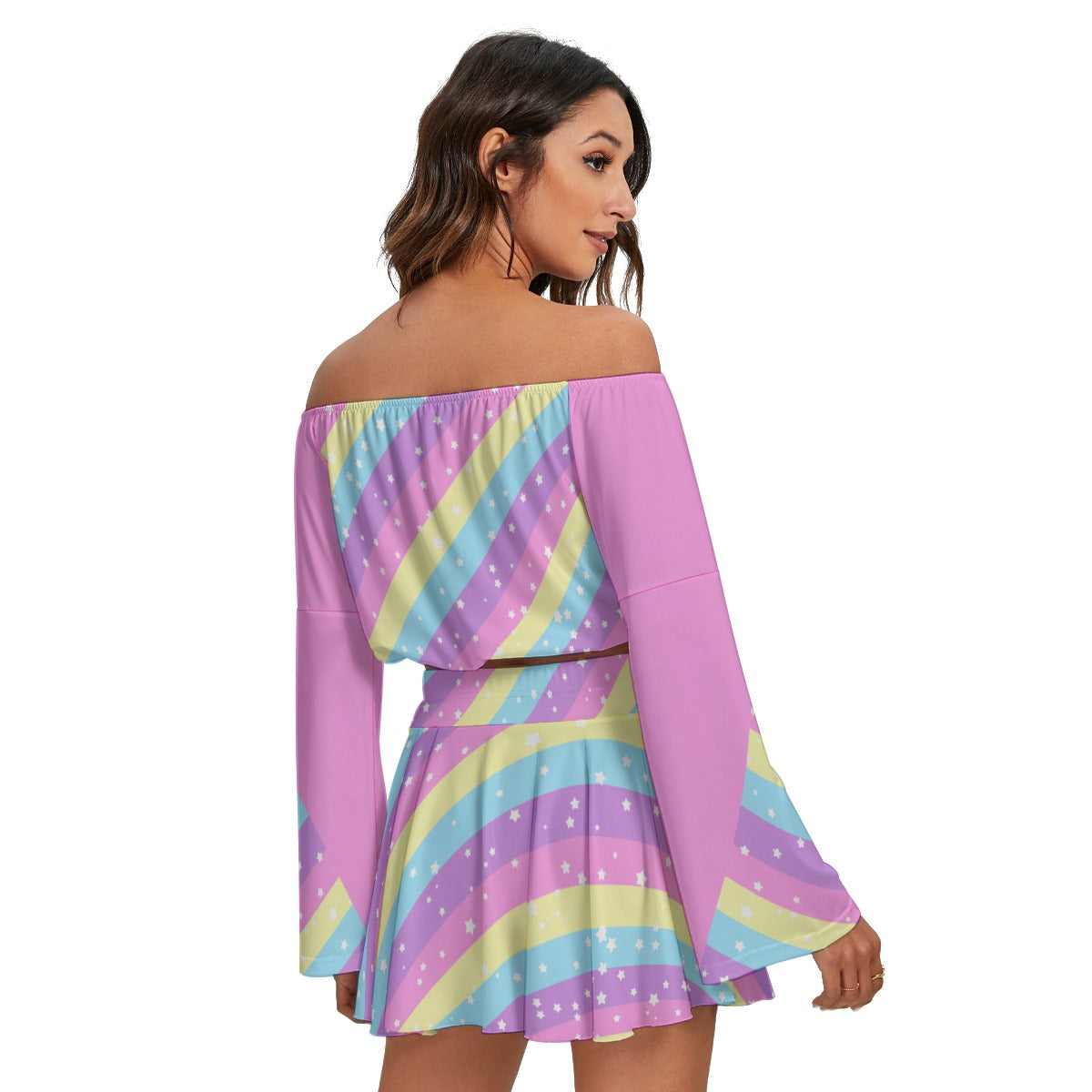 Starry Party Rainbow Women's Off The Shoulder Crop Top Blouse And Mini Skirt Set (Pink)
