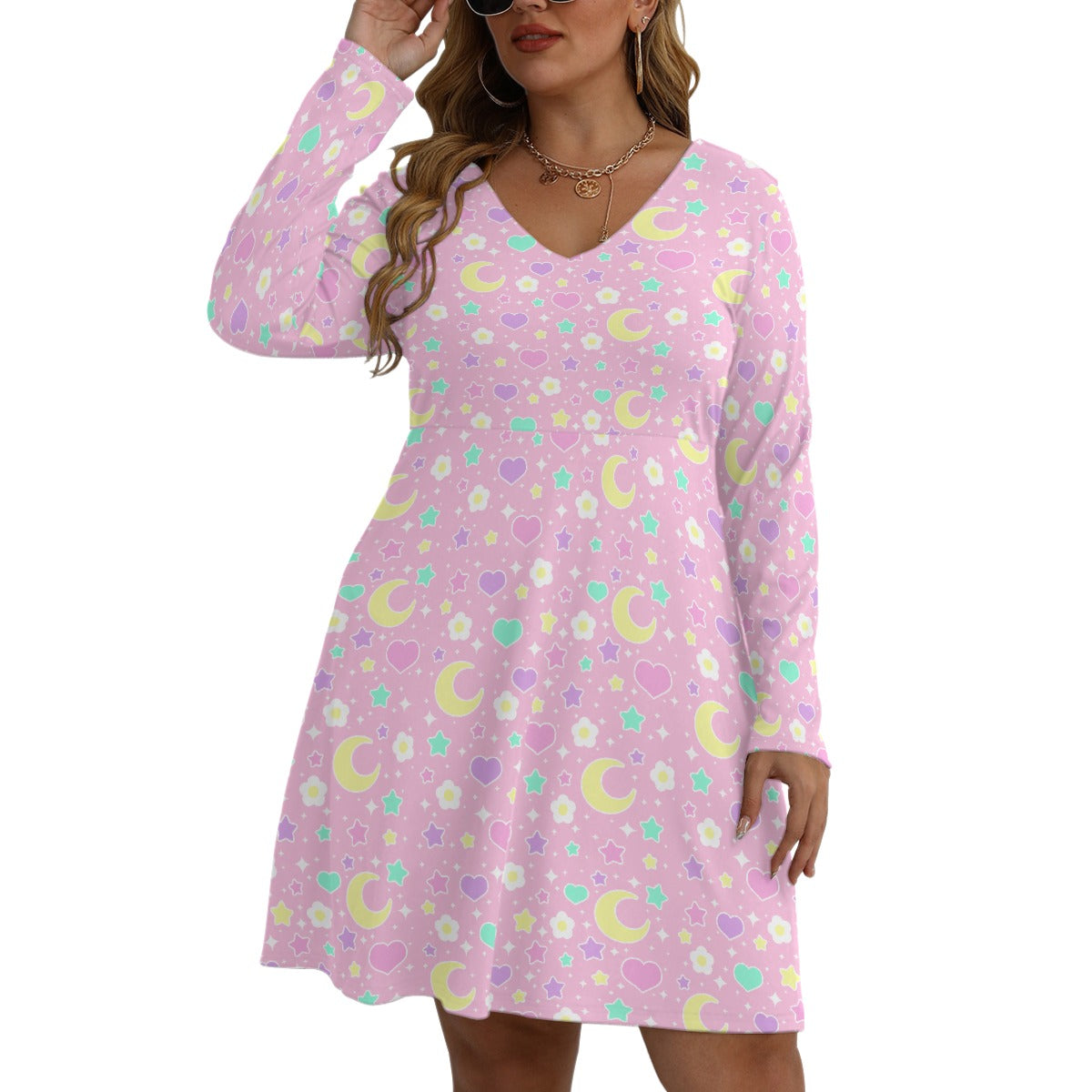 Magical Spring Pink Women's V-Neck Long Sleeve Dress (Plus Size)