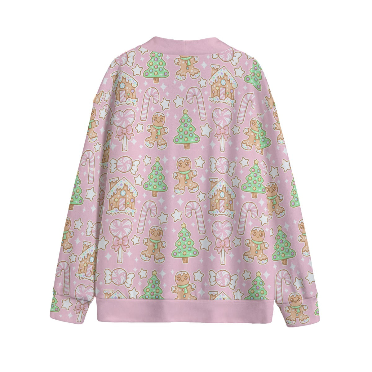 Kawaii Christmas Unisex V-Neck Knitted Fleece Button Up Cardigan With Pockets (Strawberry Cream)