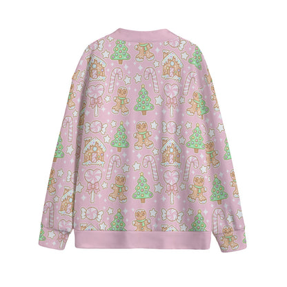 Kawaii Christmas Unisex V-Neck Knitted Fleece Button Up Cardigan With Pockets (Strawberry Cream)