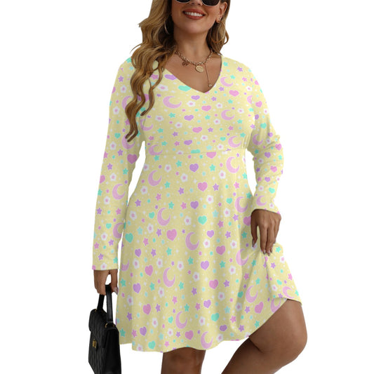 Magical Spring Yellow Women's V-Neck Long Sleeve Dress (Plus Size)