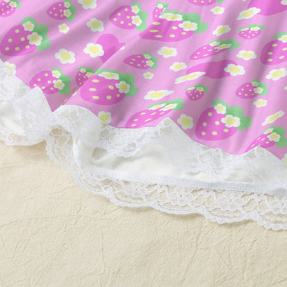 Strawberry Cutie Women's Cami & Shorts Lounge Wear Pajama Set With Lace Trim (Fruity Berry Pink)