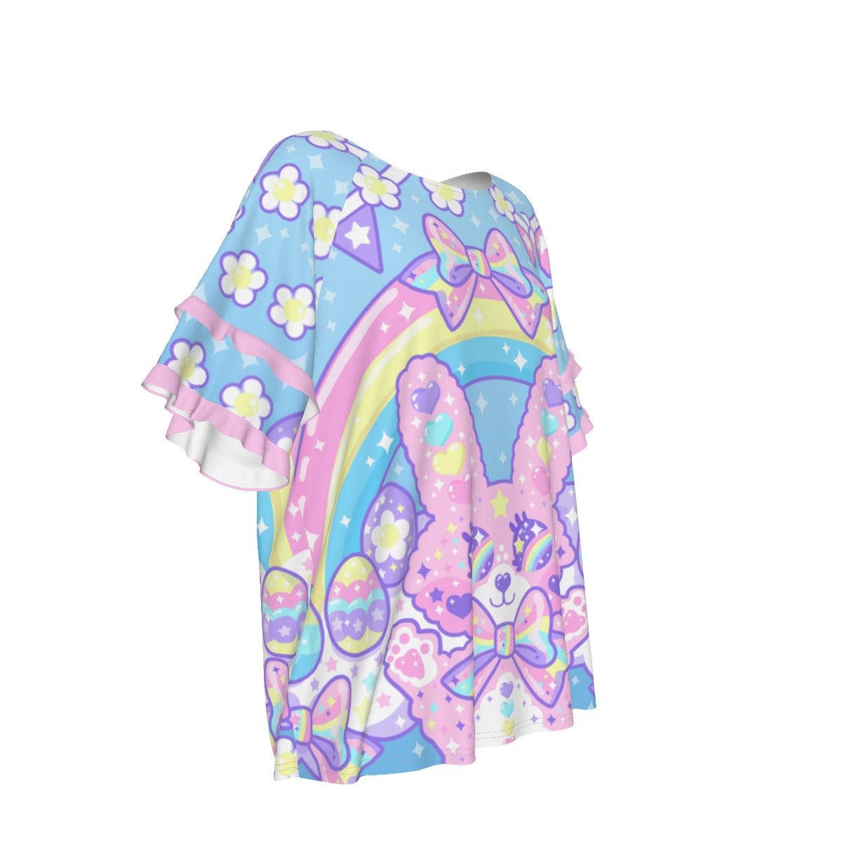 Magical Rainbow Easter Bunny Round Neck Raglan Sleeve Ruffle Frill T-Shirt