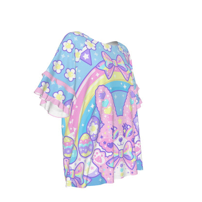 Magical Rainbow Easter Bunny Round Neck Raglan Sleeve Ruffle Frill T-Shirt