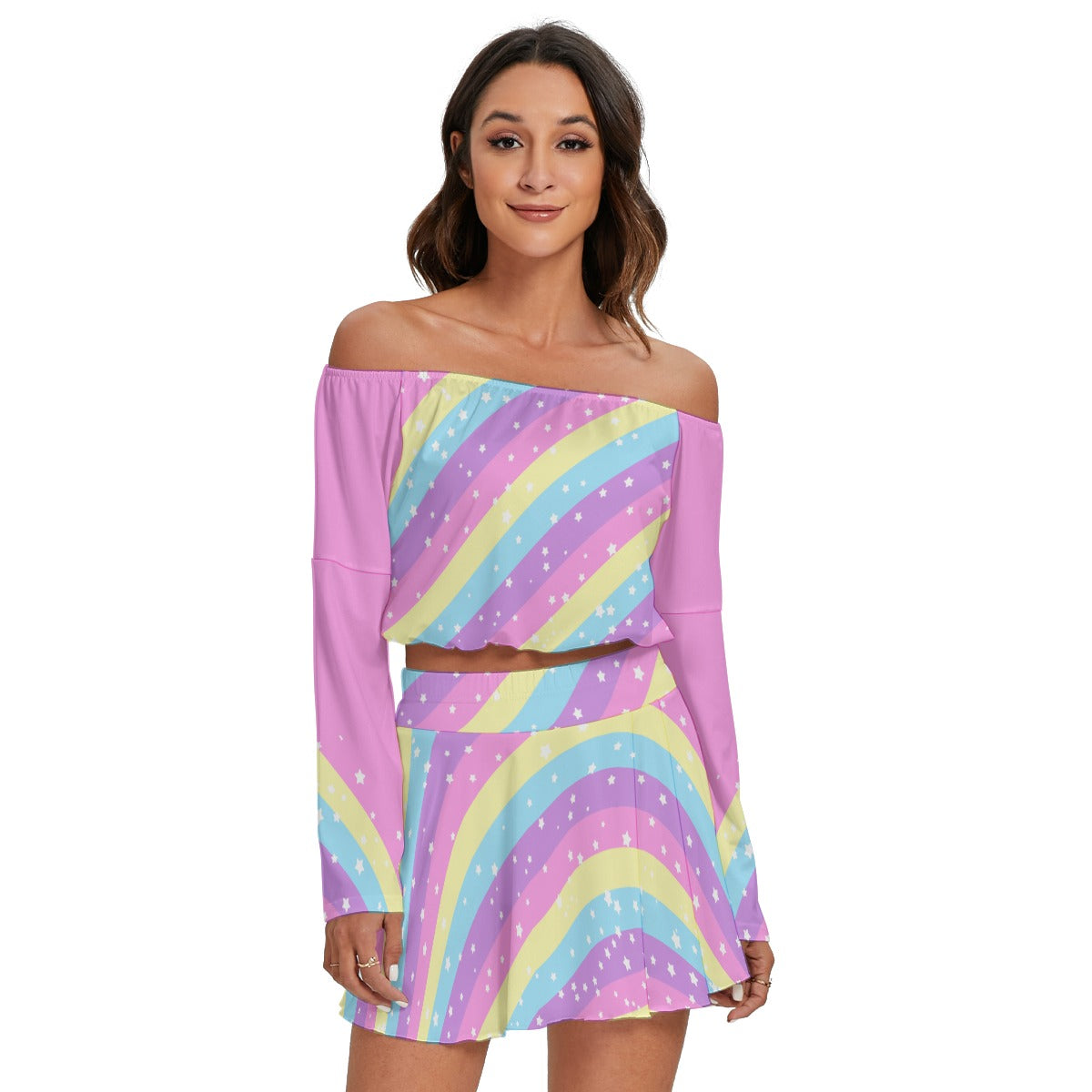 Starry Party Rainbow Women's Off The Shoulder Crop Top Blouse And Mini Skirt Set (Pink)