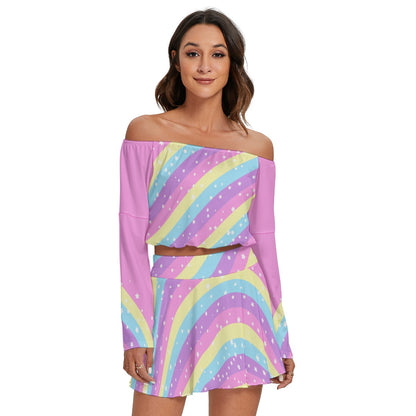 Starry Party Rainbow Women's Off The Shoulder Crop Top Blouse And Mini Skirt Set (Pink)