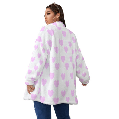 Sweet Love Hearts Oversized Fuzzy Fleece Coat With Zipper (Pink x White)