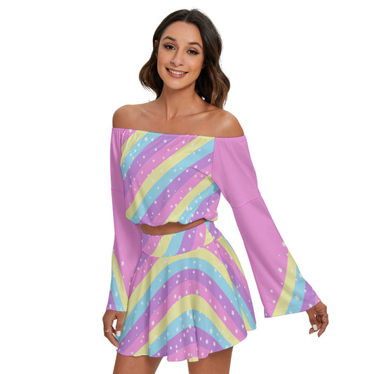 Starry Party Rainbow Women's Off The Shoulder Crop Top Blouse And Mini Skirt Set (Pink)