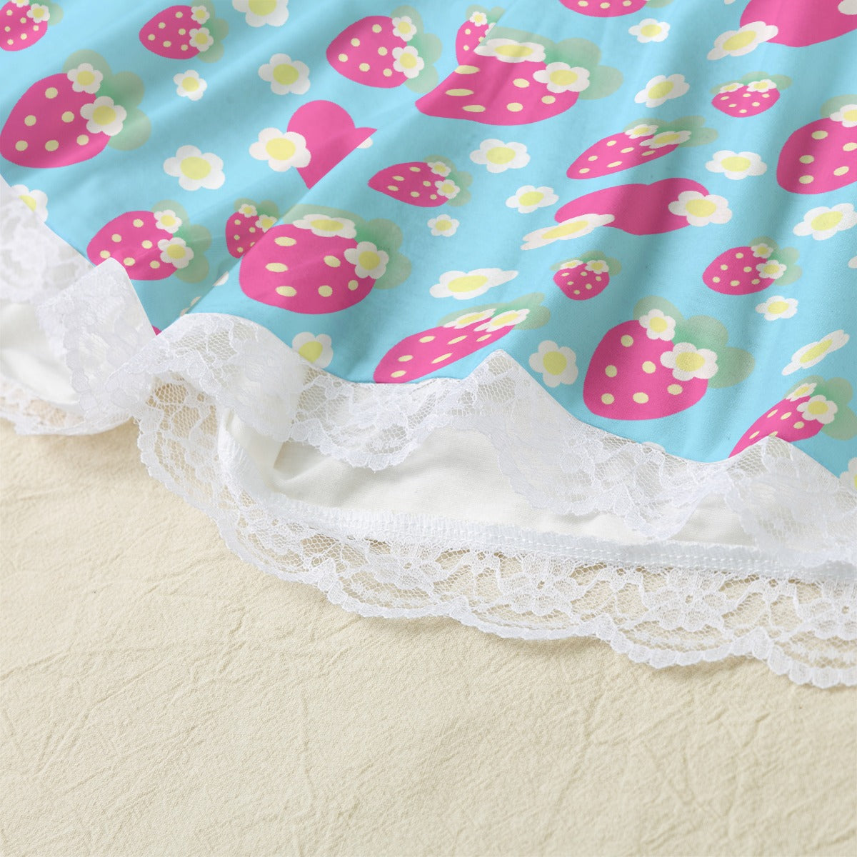 Strawberry Cutie Women's Cami & Shorts Lounge Wear Pajama Set With Lace Trim (Fruity Berry Blue)