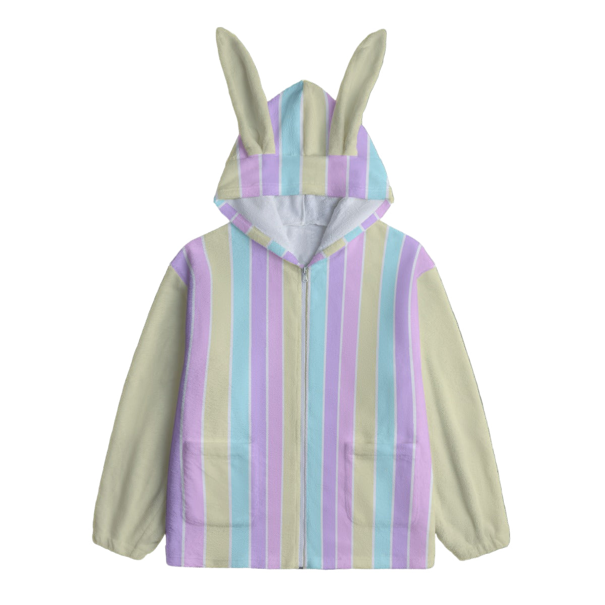 Pastel Stripes Yellow Soft Plush Fleece Bunny Ear Zip Up Hoodie With Pockets