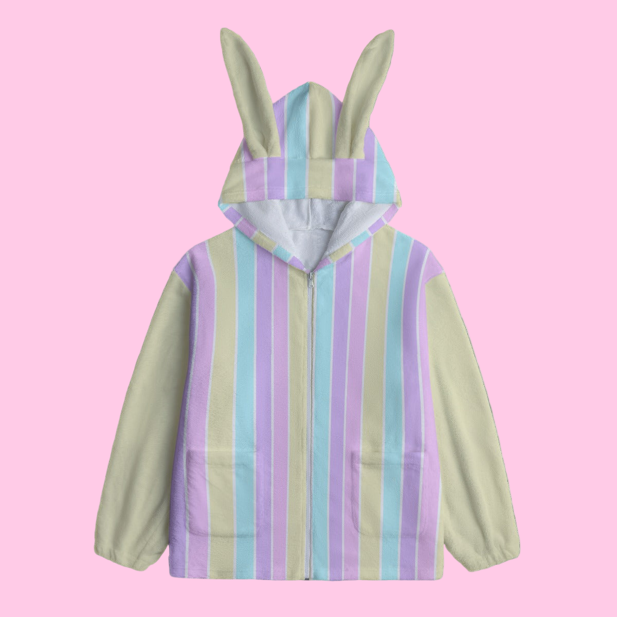 Pastel Stripes Yellow Soft Plush Fleece Bunny Ear Zip Up Hoodie With Pockets