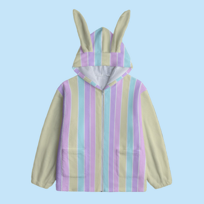 Pastel Stripes Yellow Soft Plush Fleece Bunny Ear Zip Up Hoodie With Pockets