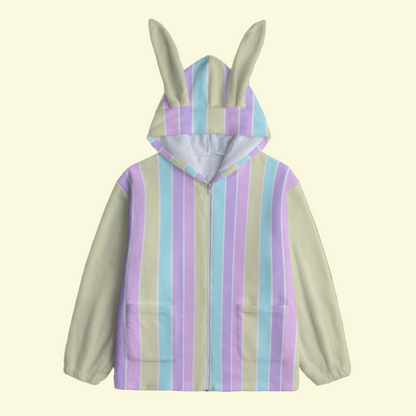 Pastel Stripes Yellow Soft Plush Fleece Bunny Ear Zip Up Hoodie With Pockets