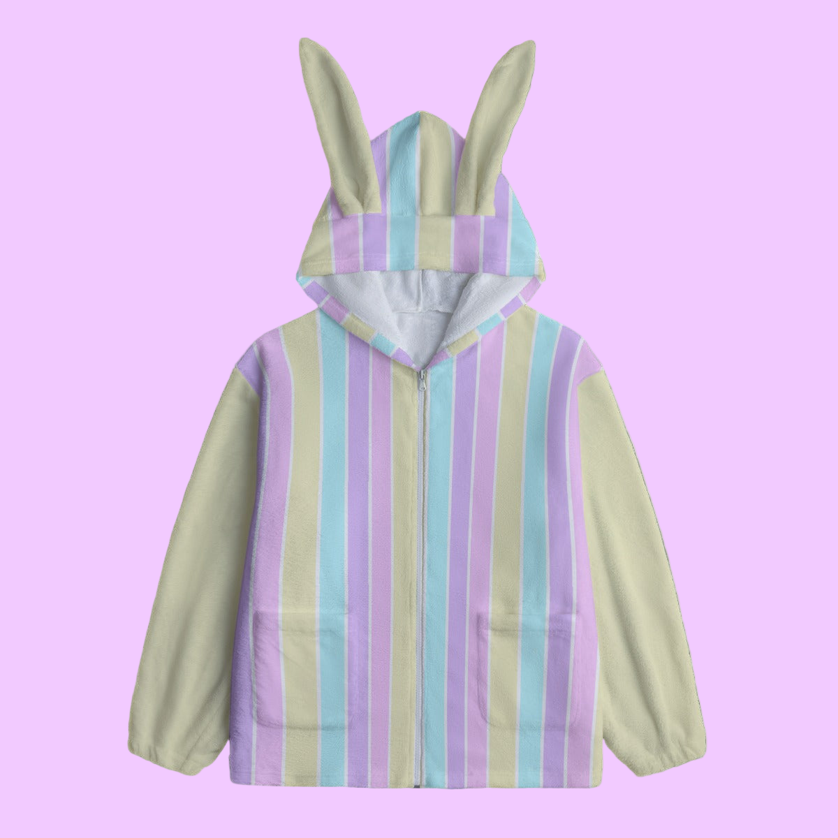 Pastel Stripes Yellow Soft Plush Fleece Bunny Ear Zip Up Hoodie With Pockets