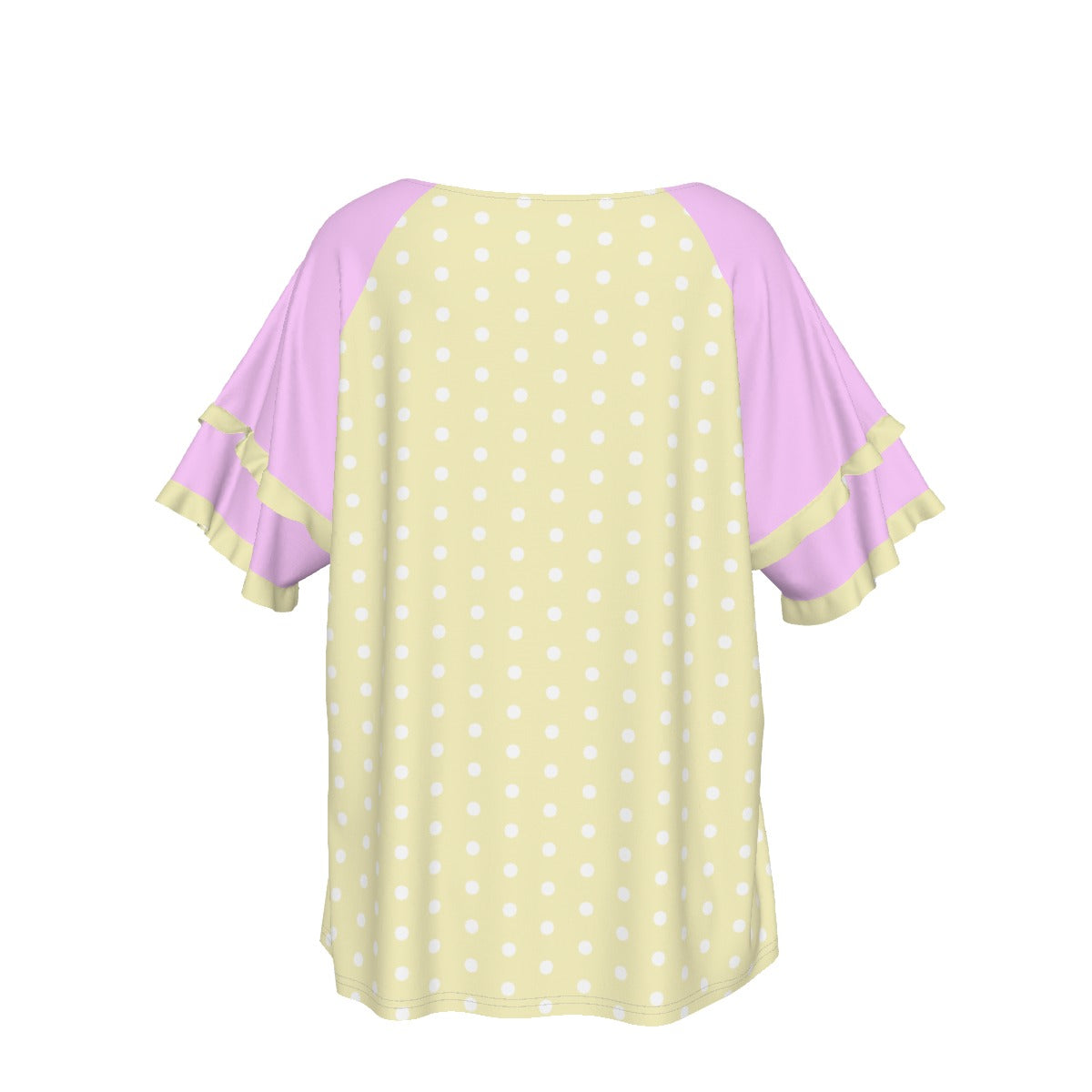 Sweet Love Hearts Yellow Round Neck Raglan Sleeve Ruffle Frill T-Shirt (Polka Dots)