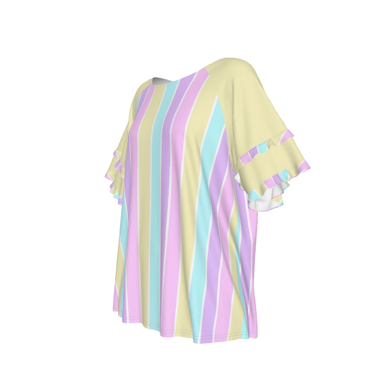 Pastel Stripes Yellow Round Neck Raglan Sleeve Ruffle Frill T-Shirt