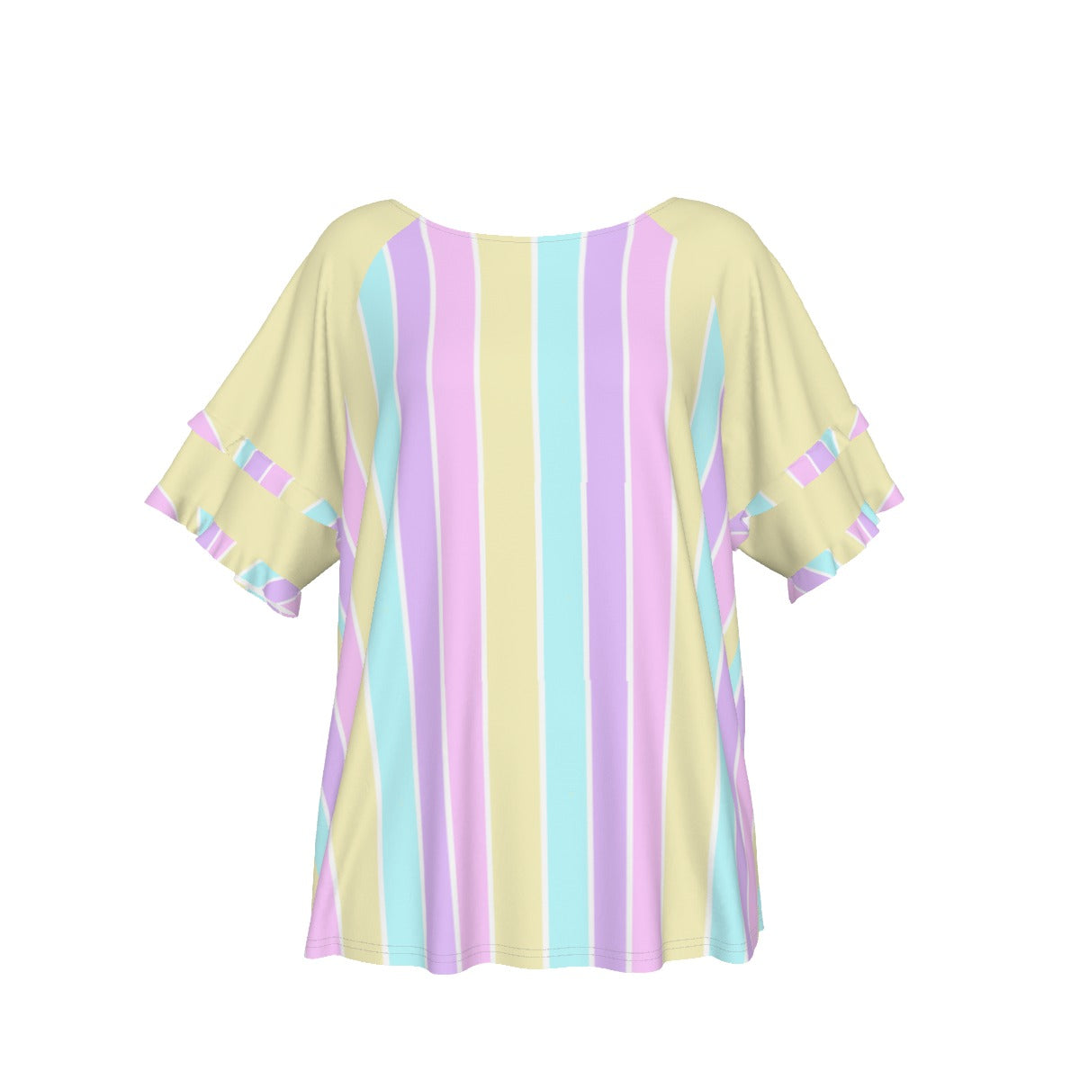 Pastel Stripes Yellow Round Neck Raglan Sleeve Ruffle Frill T-Shirt