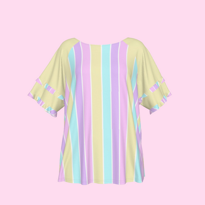 Pastel Stripes Yellow Round Neck Raglan Sleeve Ruffle Frill T-Shirt