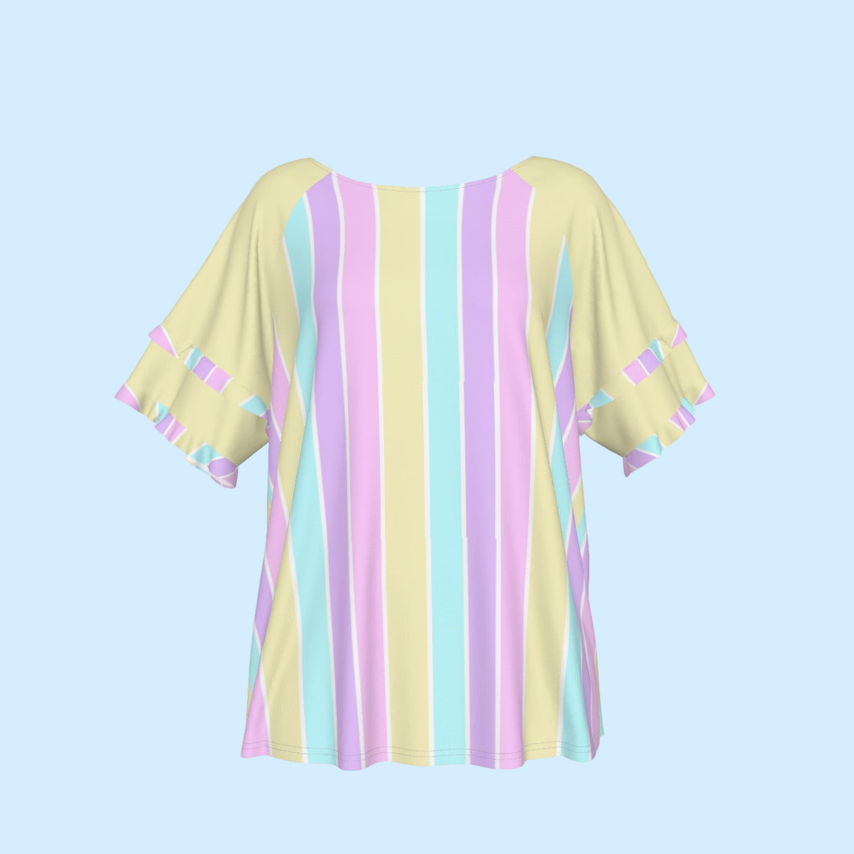 Pastel Stripes Yellow Round Neck Raglan Sleeve Ruffle Frill T-Shirt