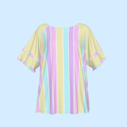 Pastel Stripes Yellow Round Neck Raglan Sleeve Ruffle Frill T-Shirt