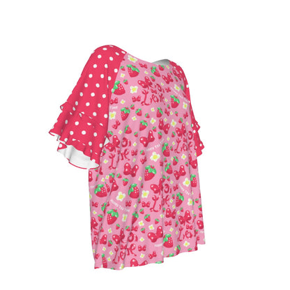 Strawberry Ribbon Round Neck Raglan Sleeve Ruffle Frill T-Shirt