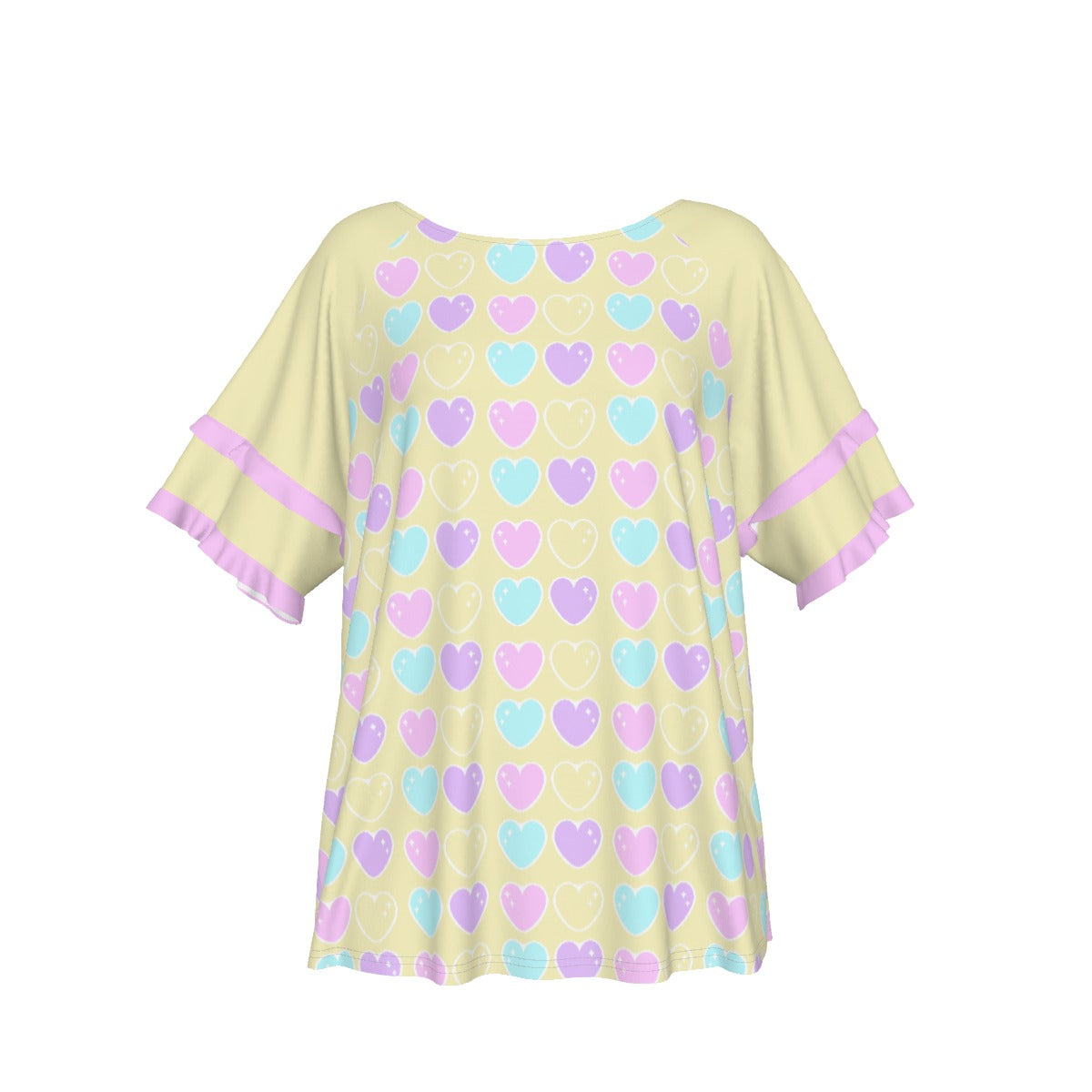 Sweet Love Hearts Yellow Round Neck Raglan Sleeve Ruffle Frill T-Shirt