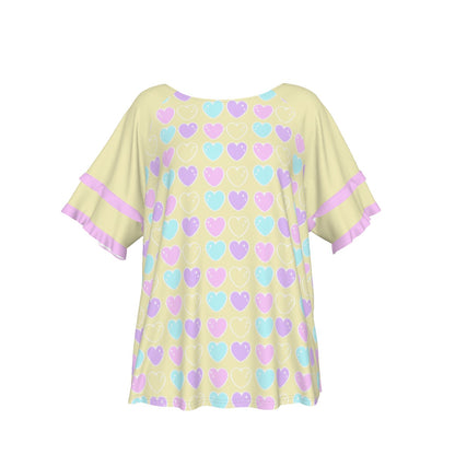 Sweet Love Hearts Yellow Round Neck Raglan Sleeve Ruffle Frill T-Shirt