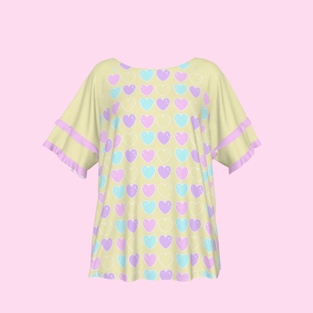 Sweet Love Hearts Yellow Round Neck Raglan Sleeve Ruffle Frill T-Shirt