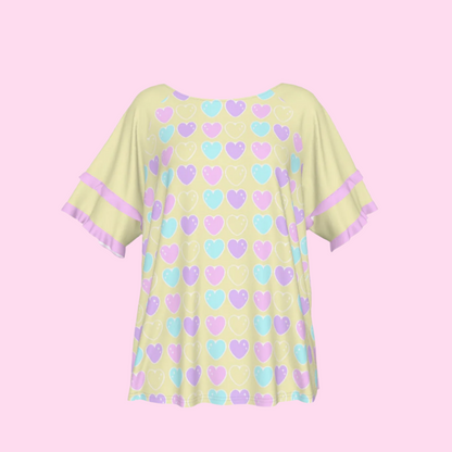 Sweet Love Hearts Yellow Round Neck Raglan Sleeve Ruffle Frill T-Shirt