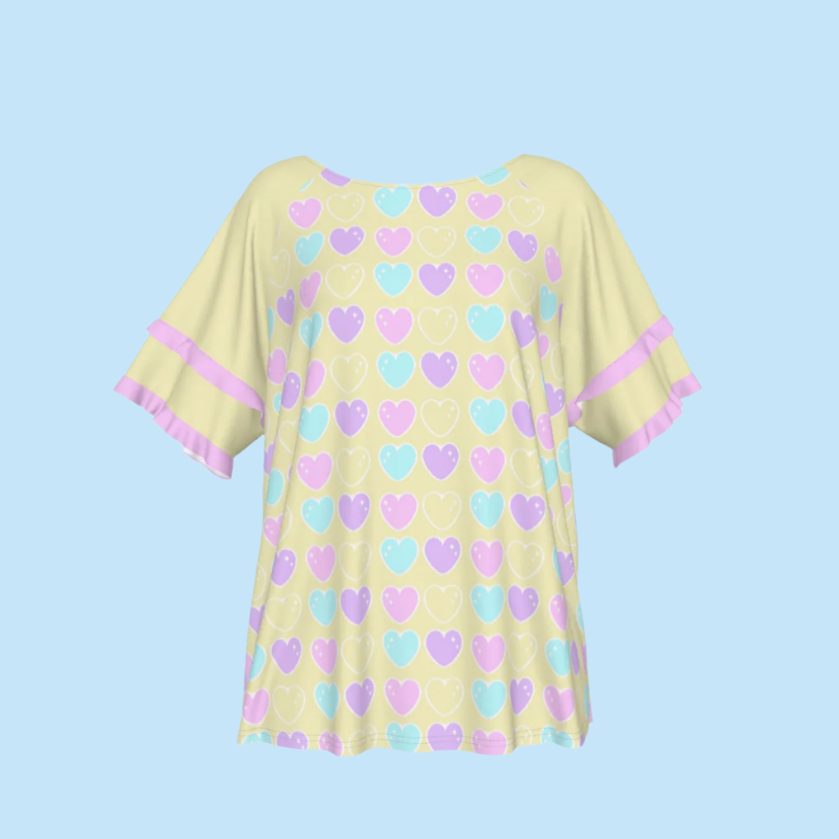 Sweet Love Hearts Yellow Round Neck Raglan Sleeve Ruffle Frill T-Shirt