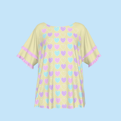 Sweet Love Hearts Yellow Round Neck Raglan Sleeve Ruffle Frill T-Shirt