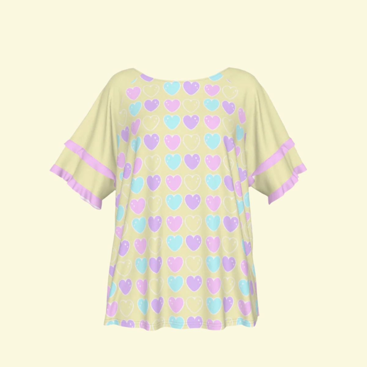 Sweet Love Hearts Yellow Round Neck Raglan Sleeve Ruffle Frill T-Shirt