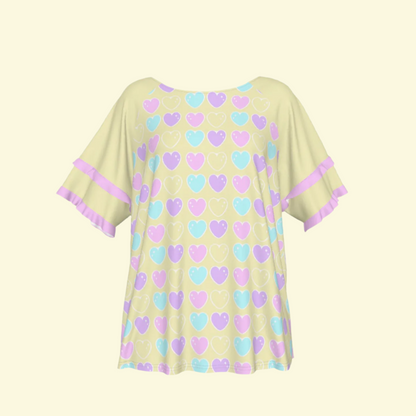 Sweet Love Hearts Yellow Round Neck Raglan Sleeve Ruffle Frill T-Shirt