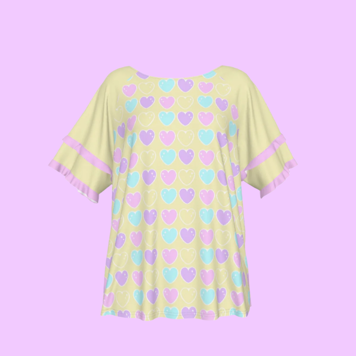 Sweet Love Hearts Yellow Round Neck Raglan Sleeve Ruffle Frill T-Shirt