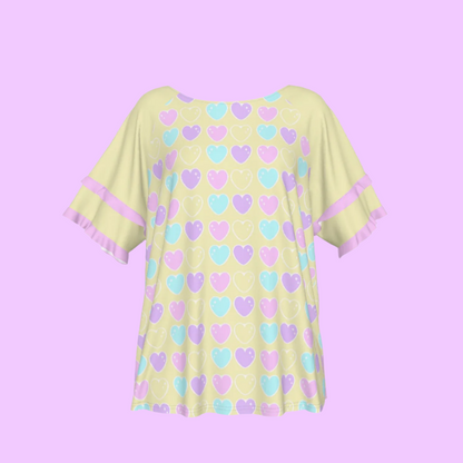 Sweet Love Hearts Yellow Round Neck Raglan Sleeve Ruffle Frill T-Shirt