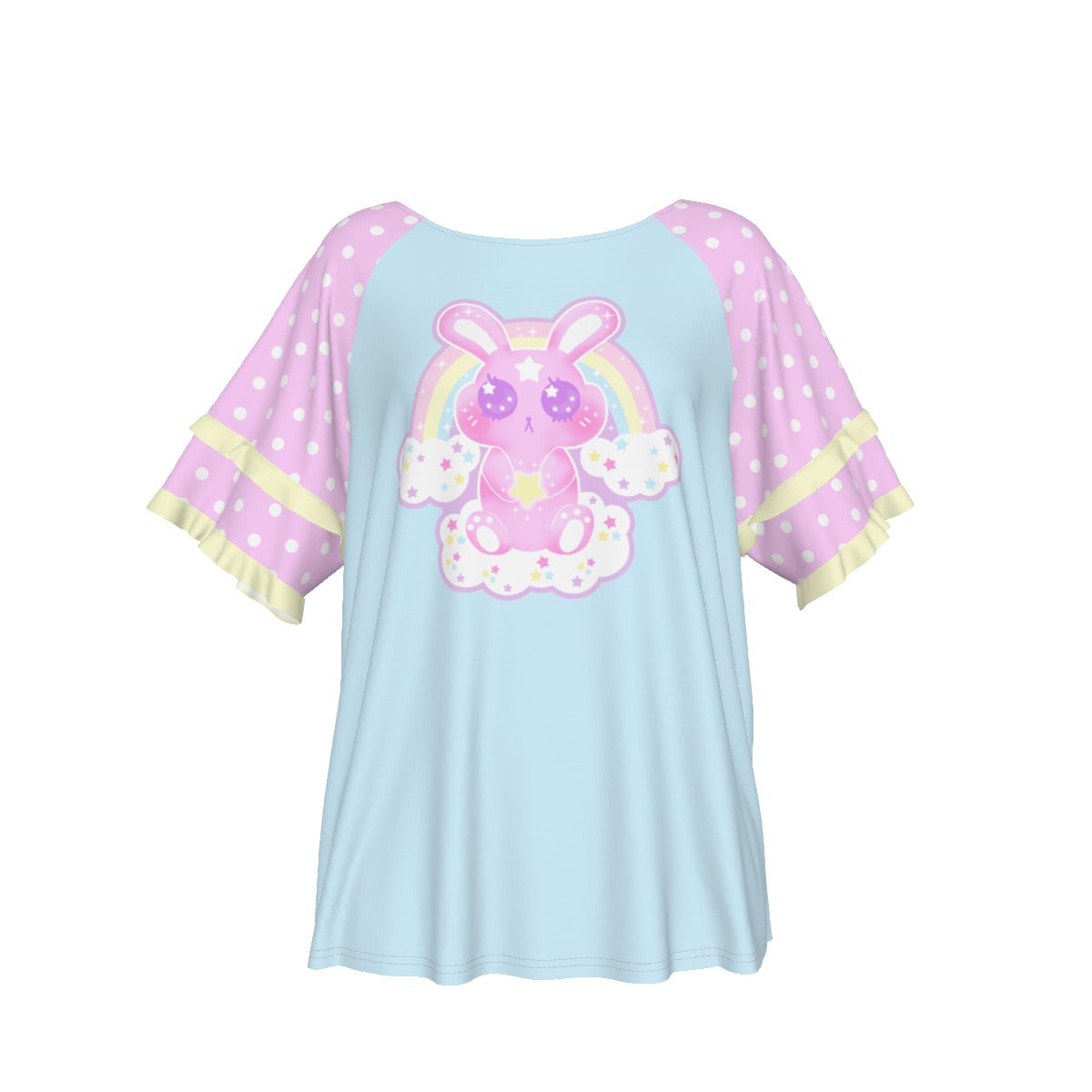 Wishing Bunny Blue Round Neck Raglan Sleeve Ruffle Frill T-Shirt