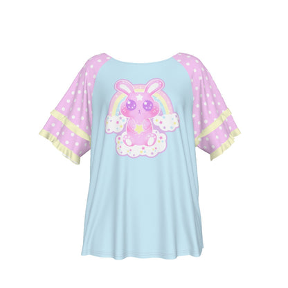 Wishing Bunny Blue Round Neck Raglan Sleeve Ruffle Frill T-Shirt