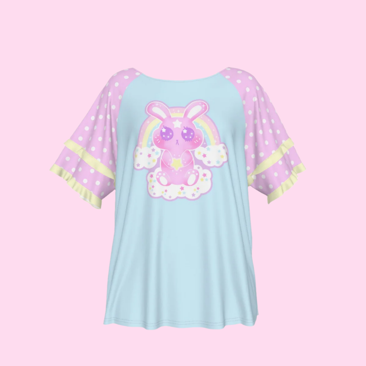 Wishing Bunny Blue Round Neck Raglan Sleeve Ruffle Frill T-Shirt